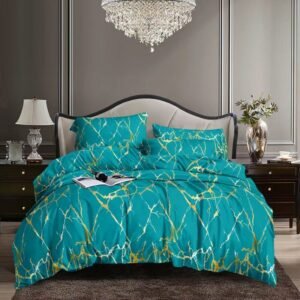 Luxurious teal gold marble duvet cover set on a modern bed