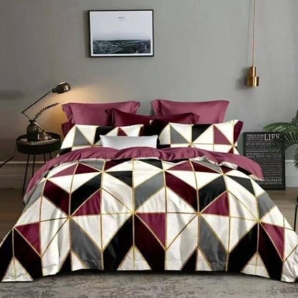 luxury burgundy geometric bedding set with gold accents