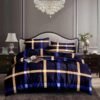 luxury navy blue satin bedding set with gold plaid king size
