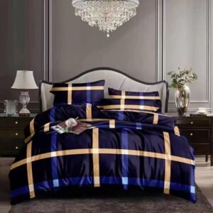 luxury navy blue satin bedding set with gold plaid king size