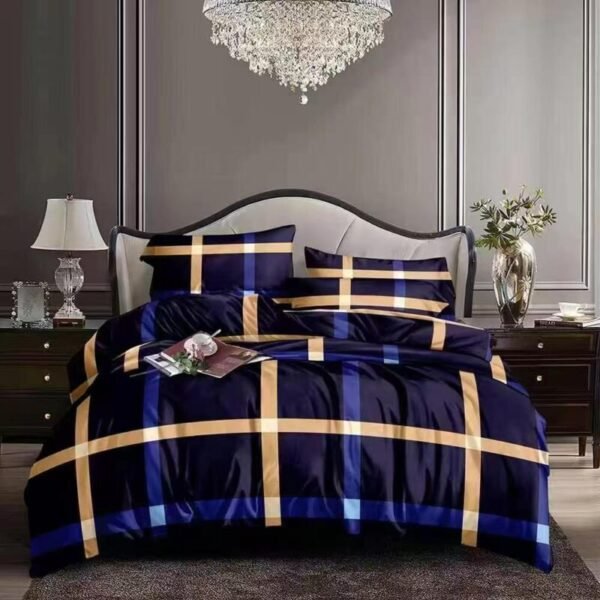 luxury navy blue satin bedding set with gold plaid king size